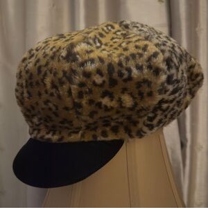 SOLD   Vintage Faux Leopard Fur Print Baker Boy News Style Hat